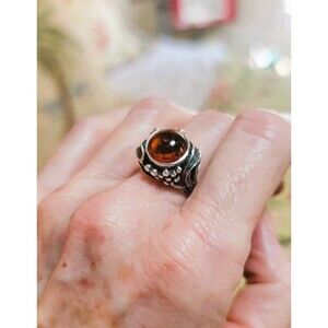 Artisan crafted Amber gemstone cabochon Ring  Sterling Silver 925 Vintage 7.75-8